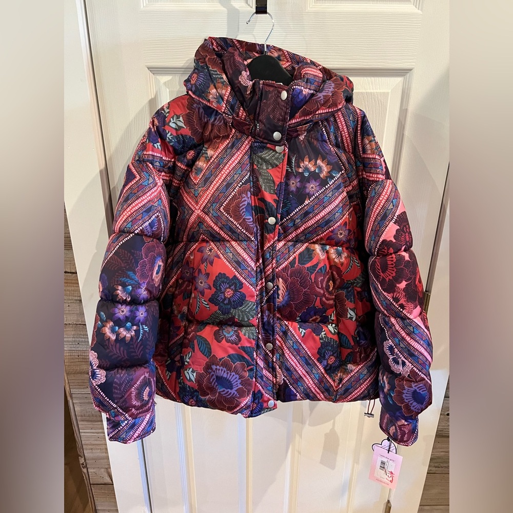 Avec Les Filles Floral Puffer Jacket - Red and Purple